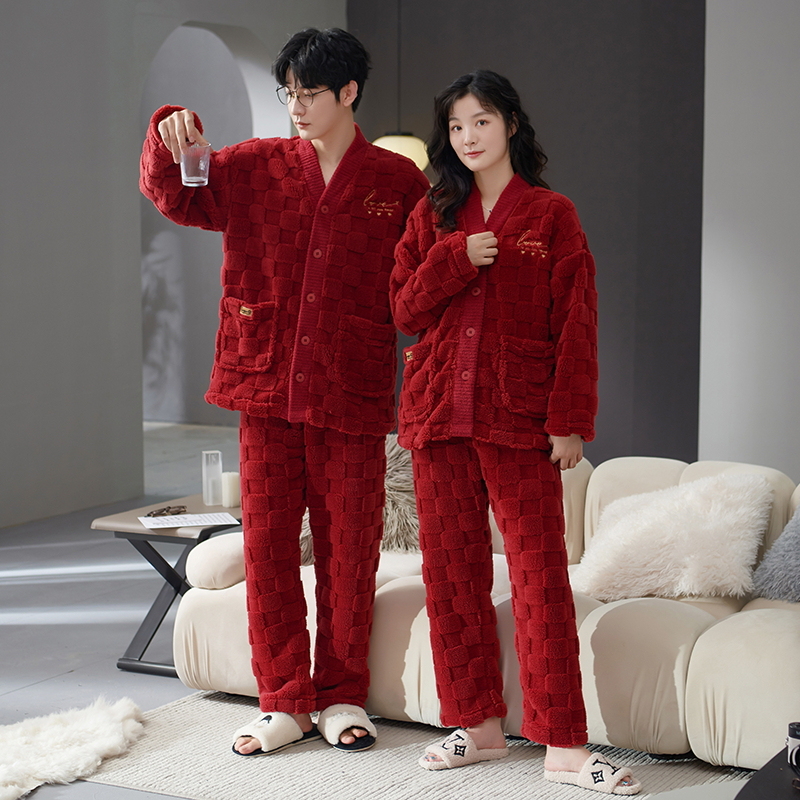 2套价 秋冬情侣睡衣珊瑚绒新婚结婚加厚婚庆喜庆大红法兰绒家居服