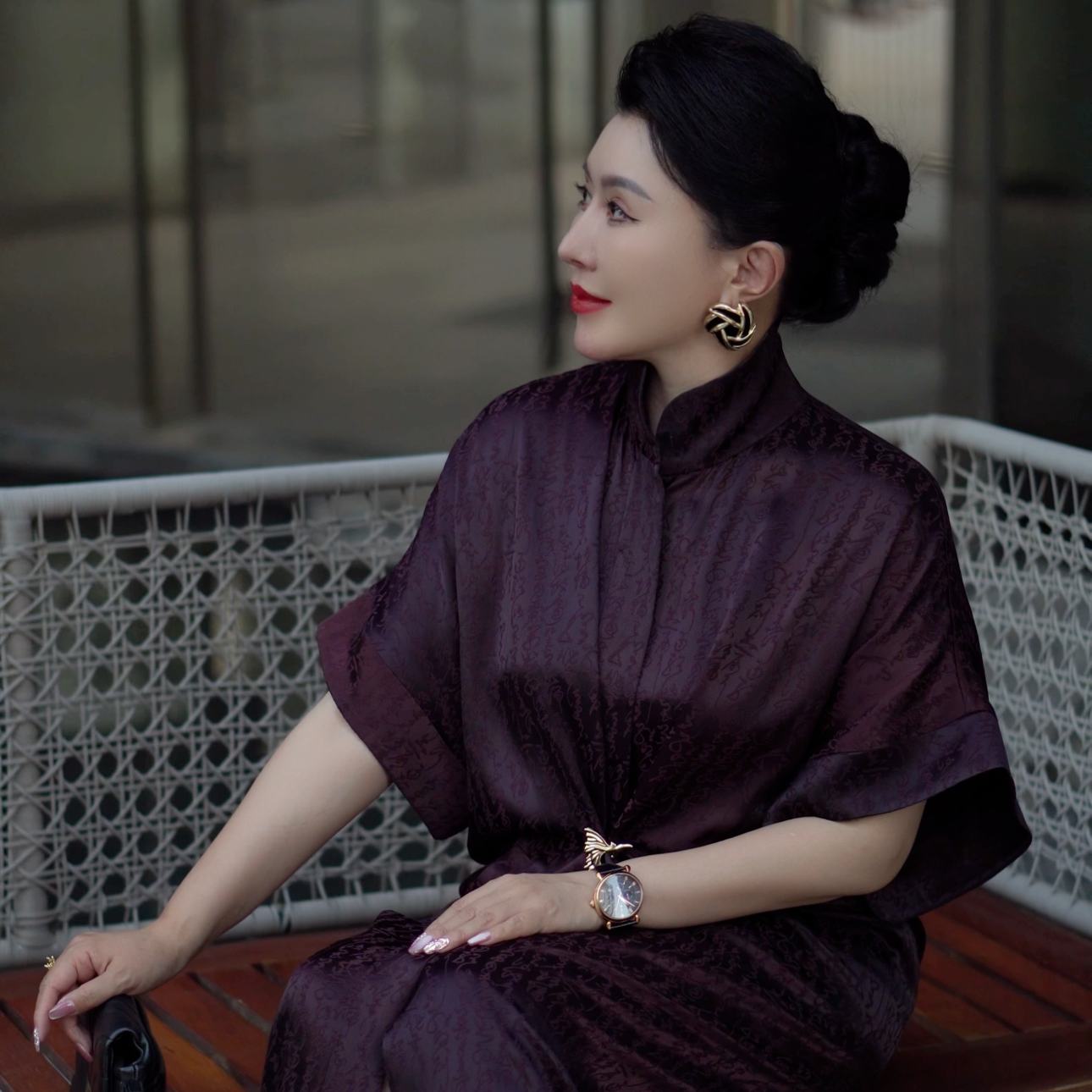 芈莱尤优—黛色风华提花开襟短袖风衣裙L23-6102-1