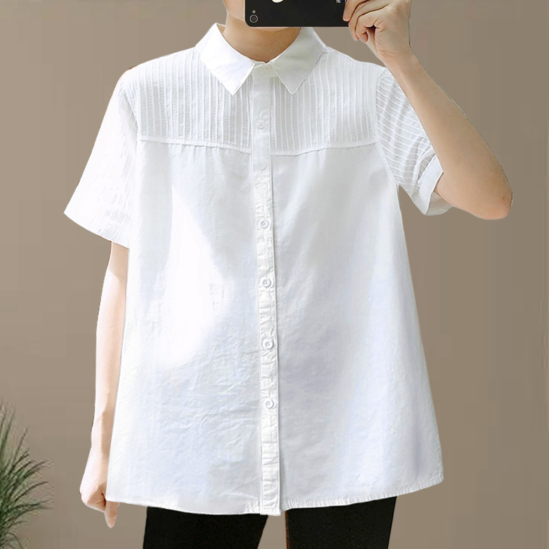 大码白衬衫女短袖胖mm200斤夏薄款宽松胖妹妹职业衬衣娃娃领正装