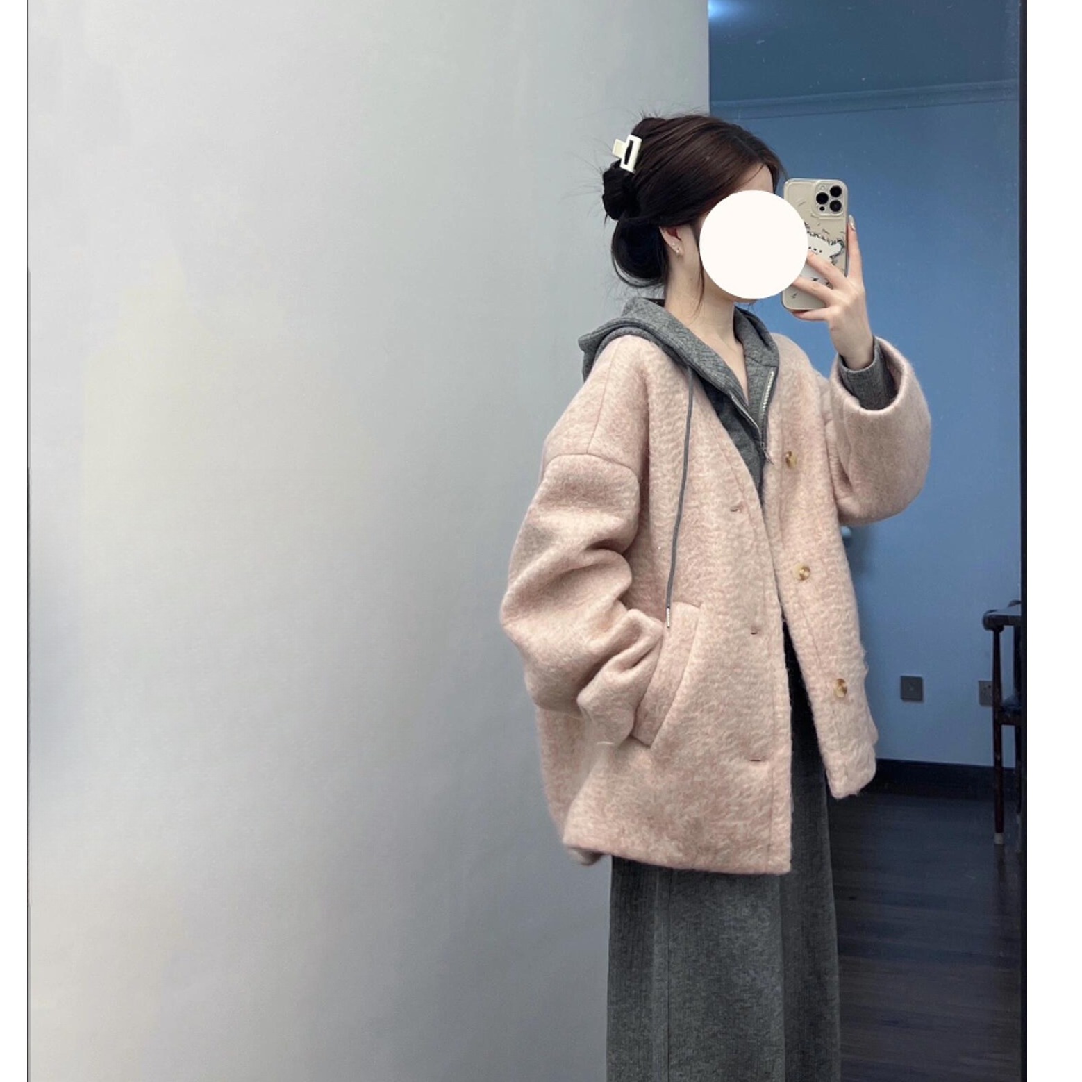 韩系入冬衣服一整套气质高级感呢子大衣连帽卫衣外套阔腿裤三件套