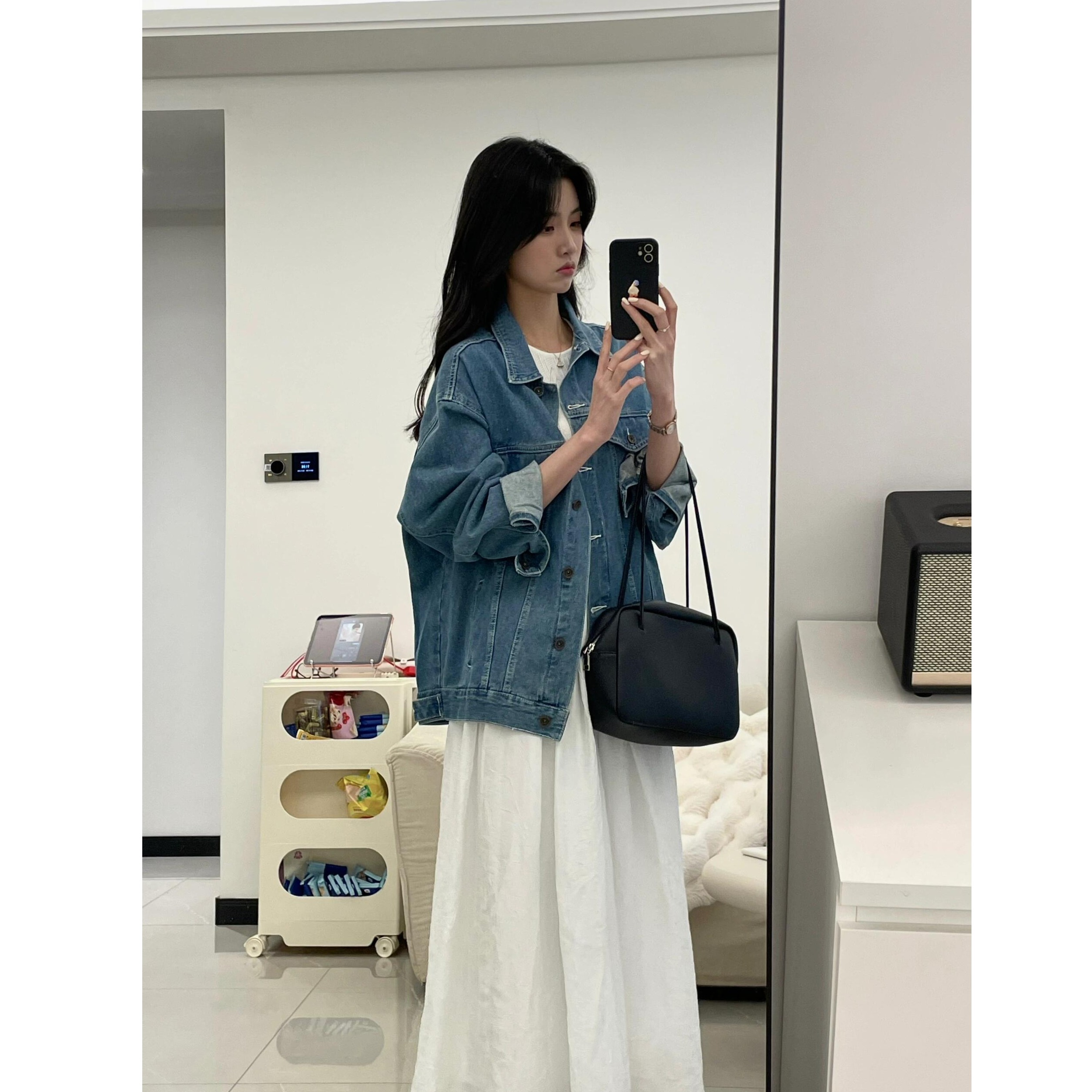 春季搭配一整套韩系宽松小个子牛仔外套白色拼接针织连衣裙套装女