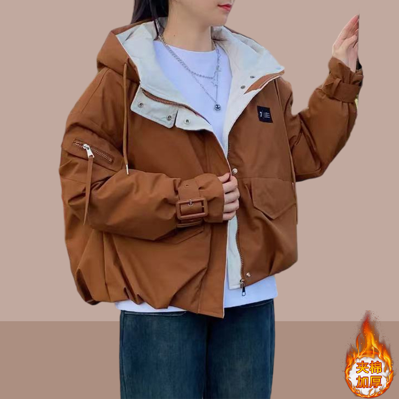 连帽开衫短款女士派克棉服2025秋冬季新款韩版设计感小个子棉衣女