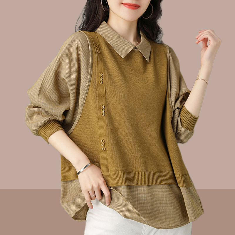 假两件拼接POLO衫卫衣女款宽松春秋新款韩版洋气时尚针织上衣外套