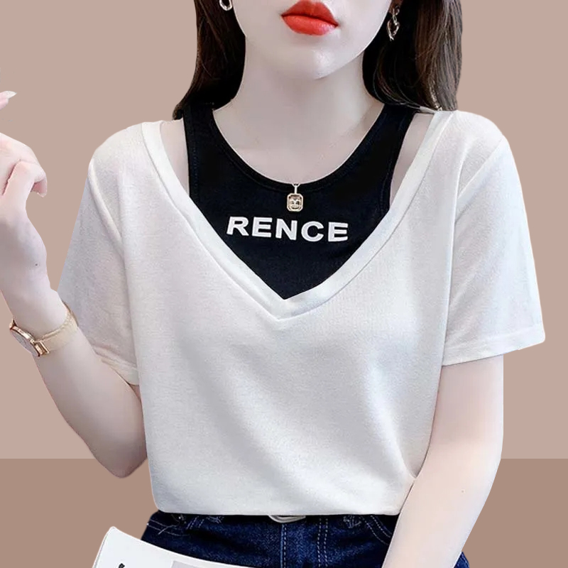 2025年夏季新款假两件拼接设计感小众独特漏肩洋气时尚百搭女上衣