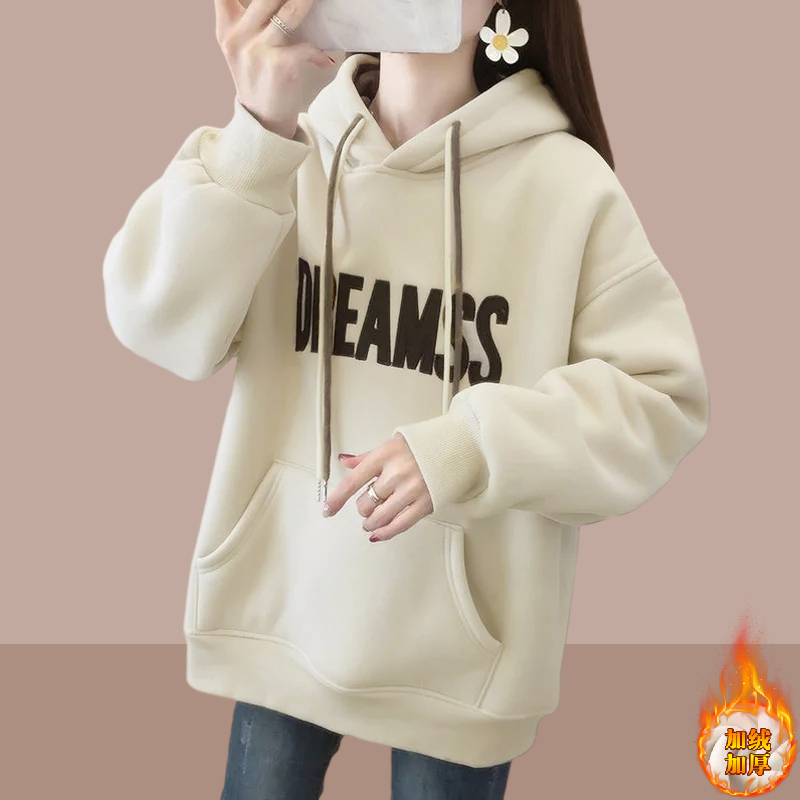 2025秋冬季新款连帽套头女士卫衣韩版加绒加厚中长款微胖纯色上衣