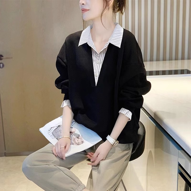 2025春秋冬新款假两件拼接小个子时尚女装衬衫百搭洋气长袖上衣女