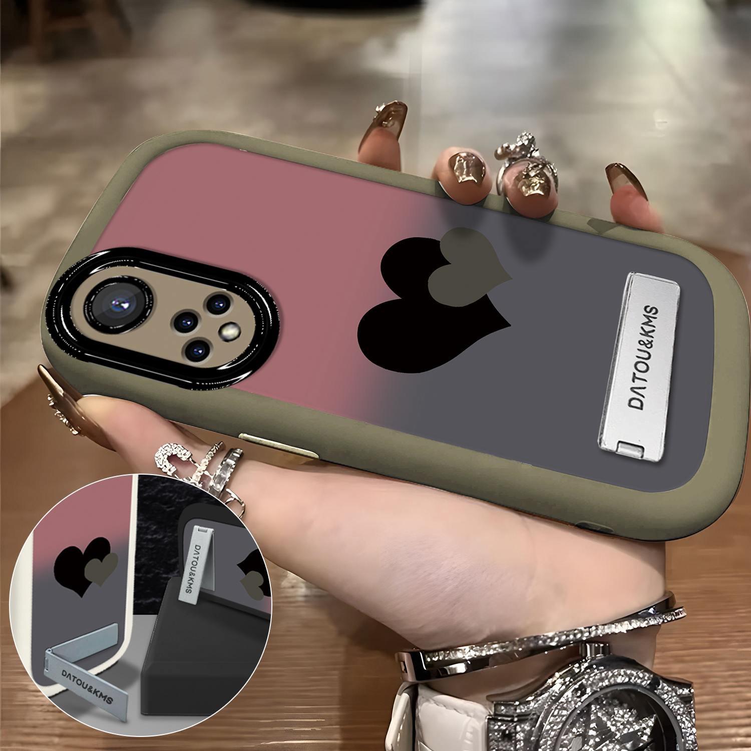 适用于【华为】荣耀50Pro曲屏新款渐变黑粉双爱心女款防摔手机壳