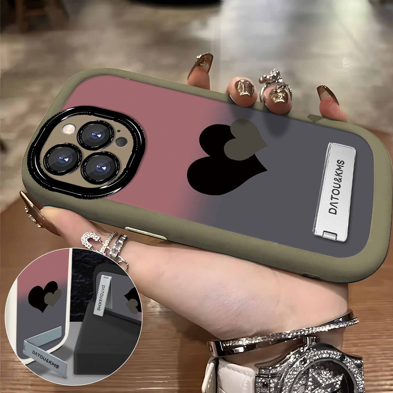 黑粉渐变爱心适用于苹果华为高级oppo简约vivo浅咖女款支架手机壳