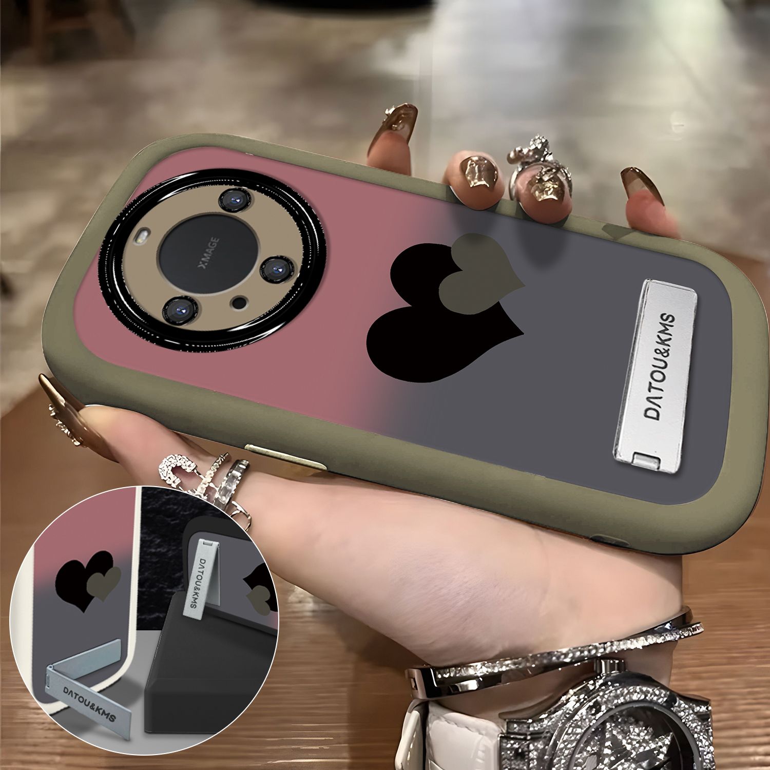 适用于【华为】Mate60Pro/Pro+新款渐变黑粉双爱心女款防摔手机壳