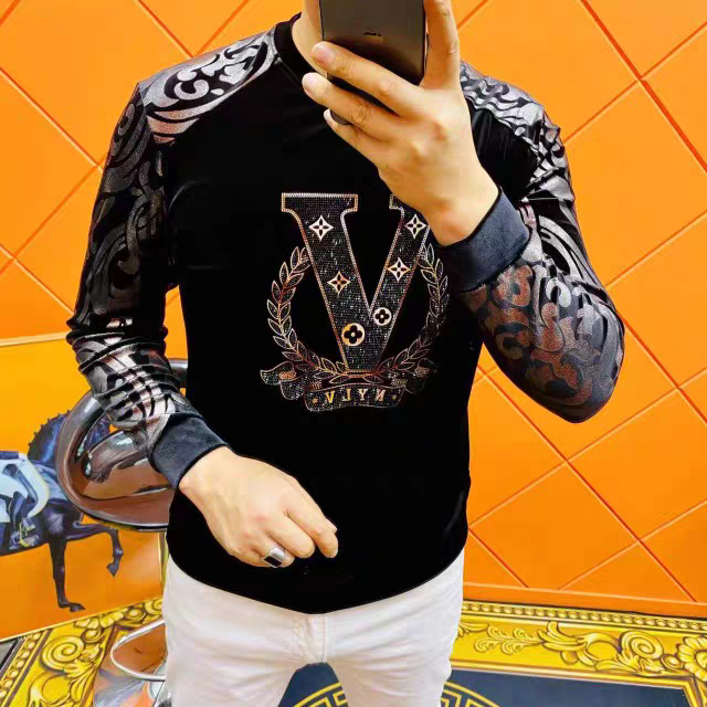 秋季新款男士金丝绒卫衣圆领时尚潮牌上衣高端烫金花袖体恤休闲