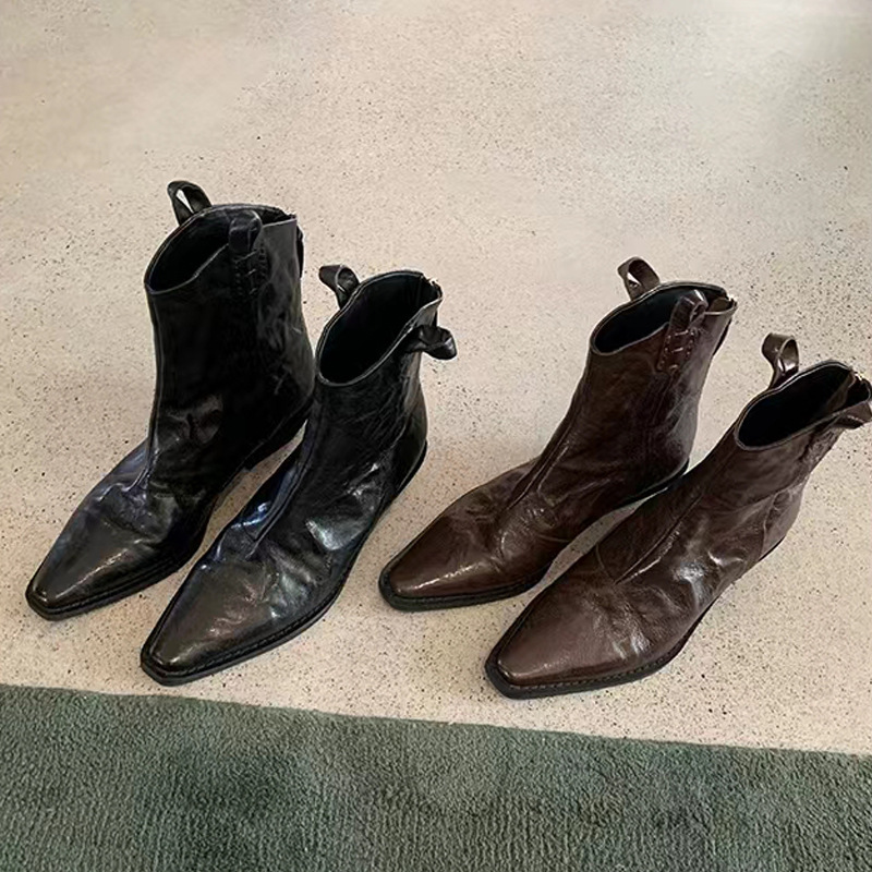 尖头粗跟后拉链短靴女秋冬褶皱裸靴复古百搭小众V口西部牛仔靴子