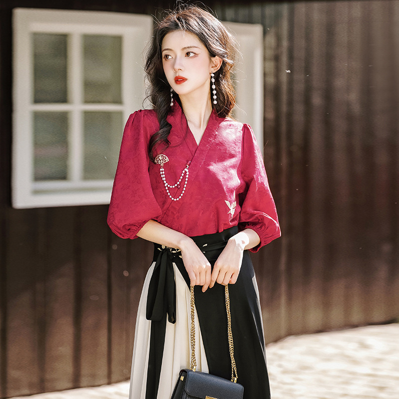 原创设计玫瑰情诗中国风改良汉元素汉服女上衣旋裙套装气质时尚