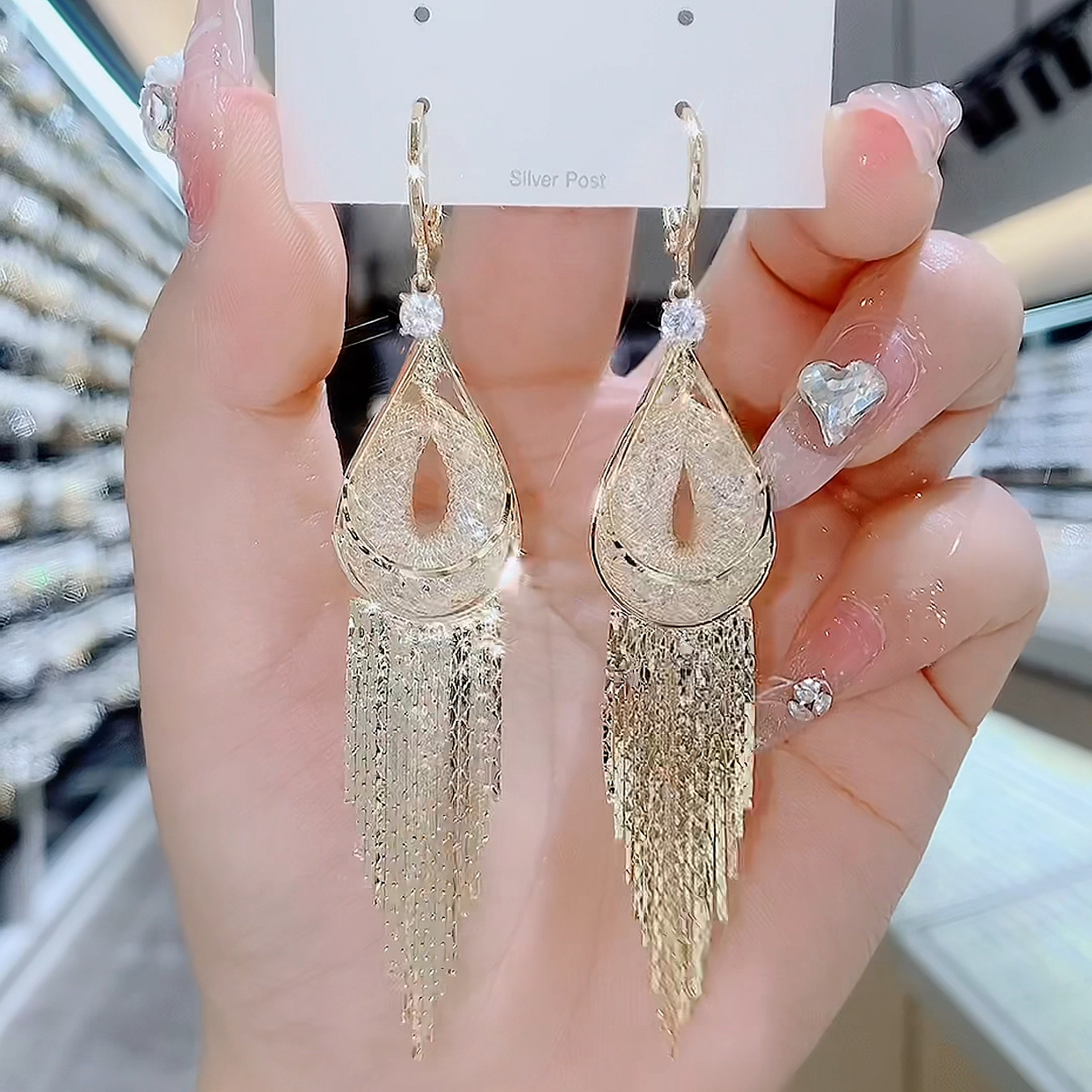 铜合金玻璃耳饰 738-温柔S925银针法式优雅知性灵动高级流苏耳环