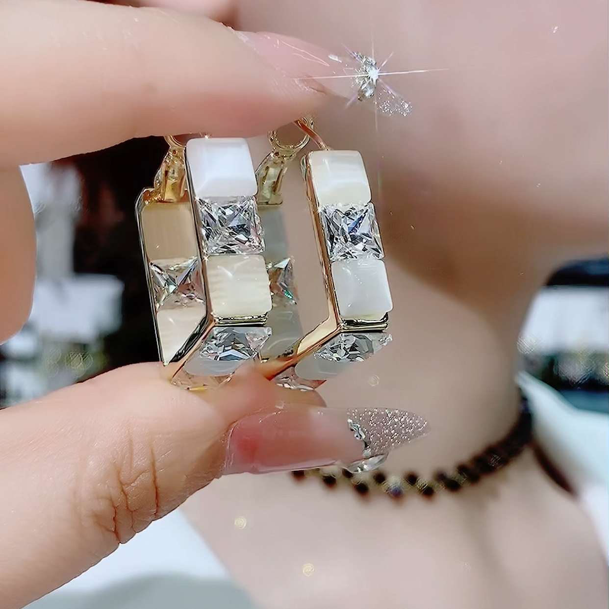 铜合金玻璃耳饰 耳圈-561时尚耳扣韩版百搭时尚精美显白韩系耳环