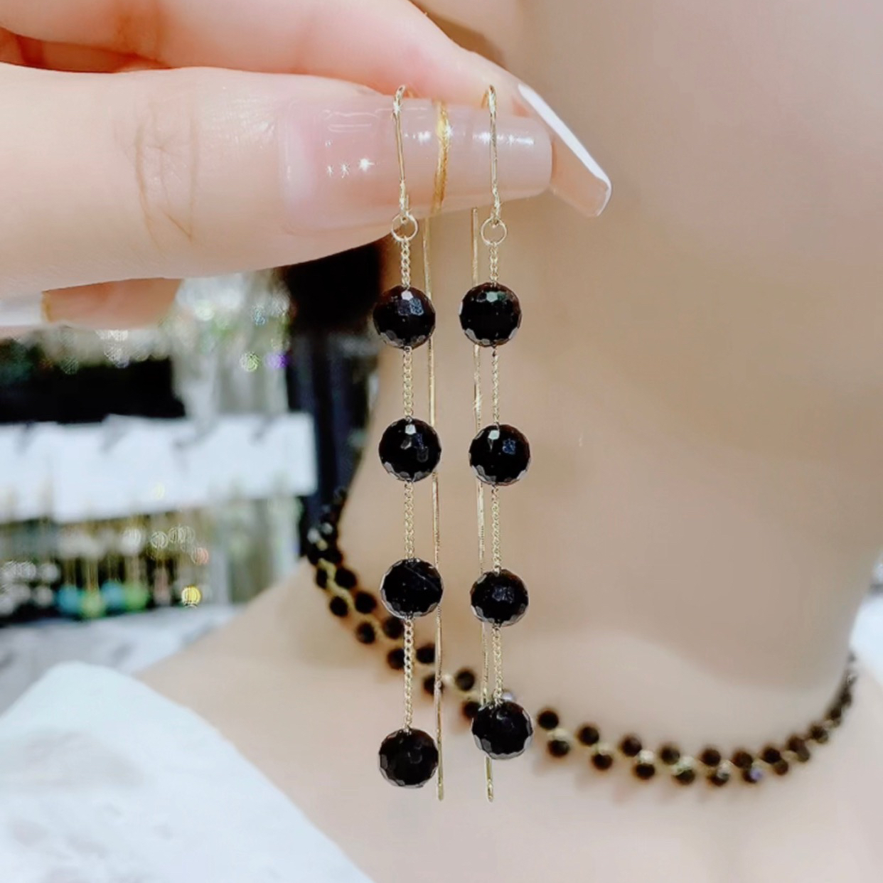 铜合金亚克力耳饰 270-轻奢气质显瘦显白黑色珠珠项链耳环耳线