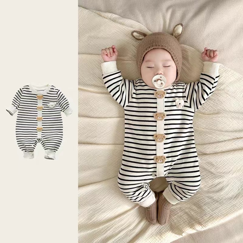 【高品质】婴儿连体衣春秋长袖哈衣薄款条纹宝宝哈衣儿童连体衣秋季