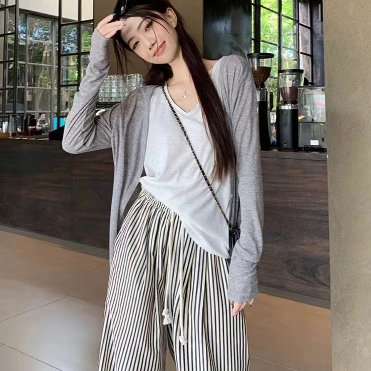 慵懒风套装防晒开衫外套➕背心上衣➕条纹长裤2025春夏季休闲三件套