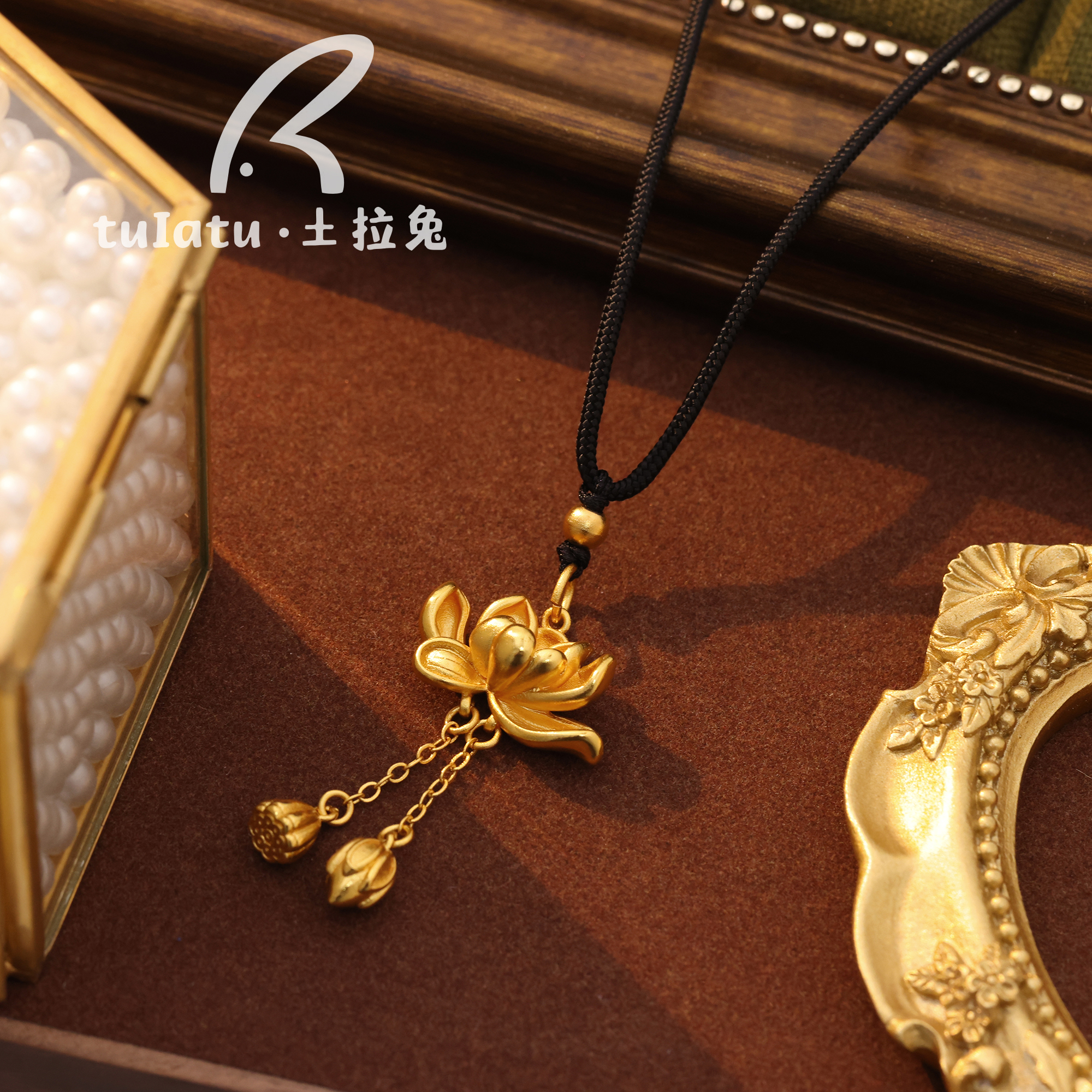 土拉兔 铜合金布艺项链  民族风荷花吊坠项链荷花两世欢流苏吊坠