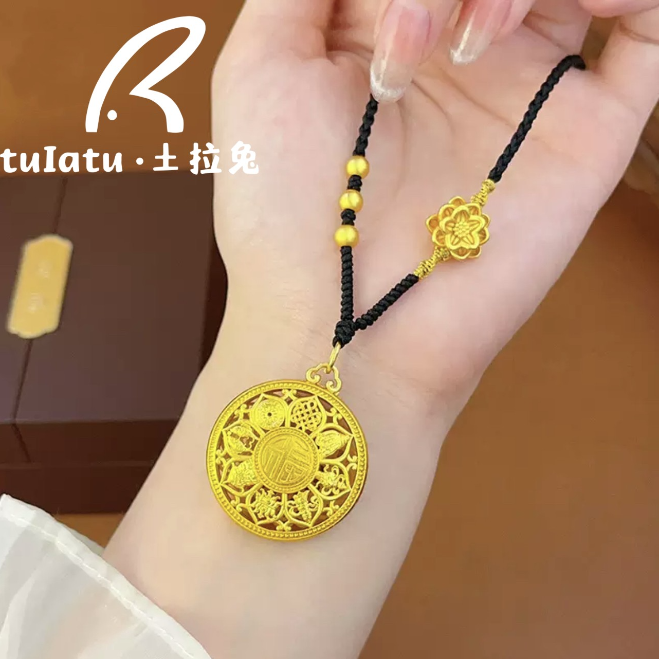 铜合金布艺项链 新中式八宝罗盘吊坠项链女莲花福字编织锁骨链