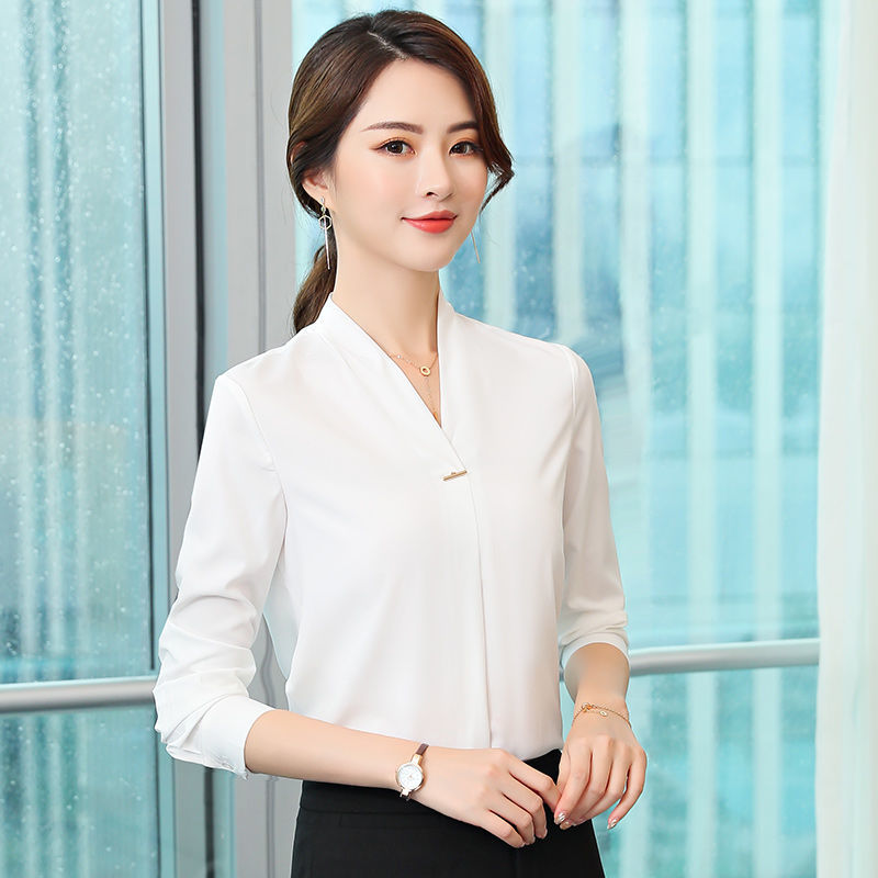 初秋V领白色衬衫女长袖职业正装上衣时尚气质ol衬衣上班族工作服