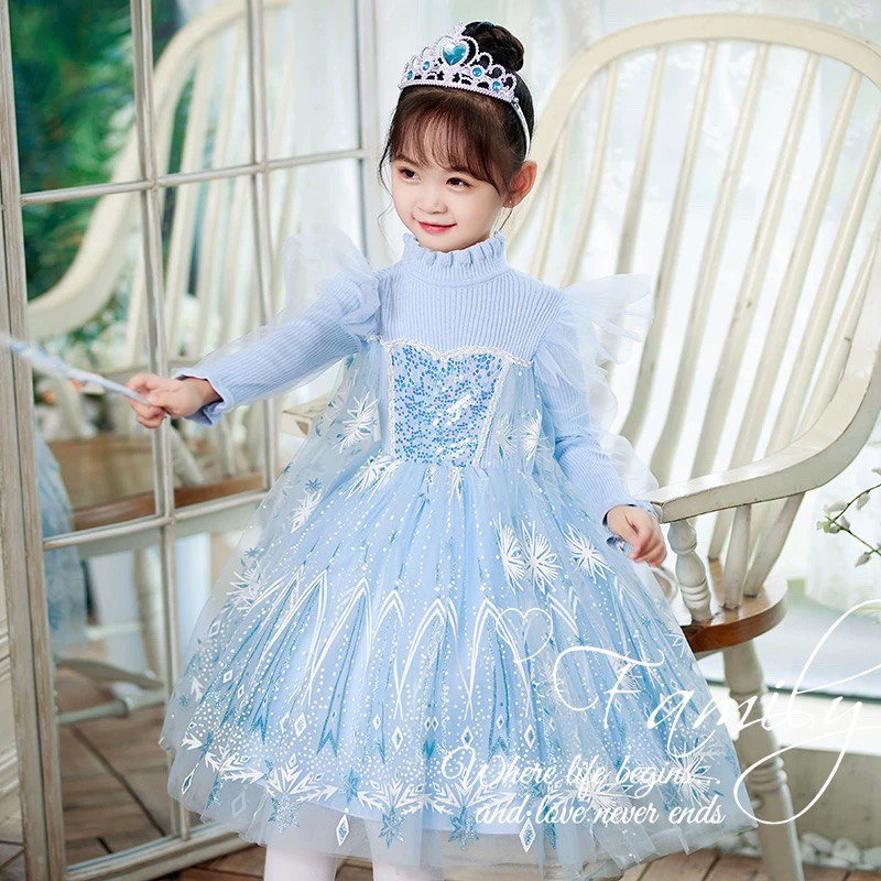 女童爆款爱莎毛衣裙秋冬新款儿童艾莎连衣裙小女孩生日奇缘公主裙