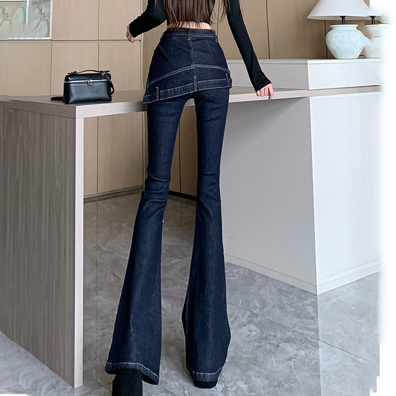 假两件复古马蹄牛仔裤春秋季高腰裤裙百搭显瘦修身微喇叭裤设计感