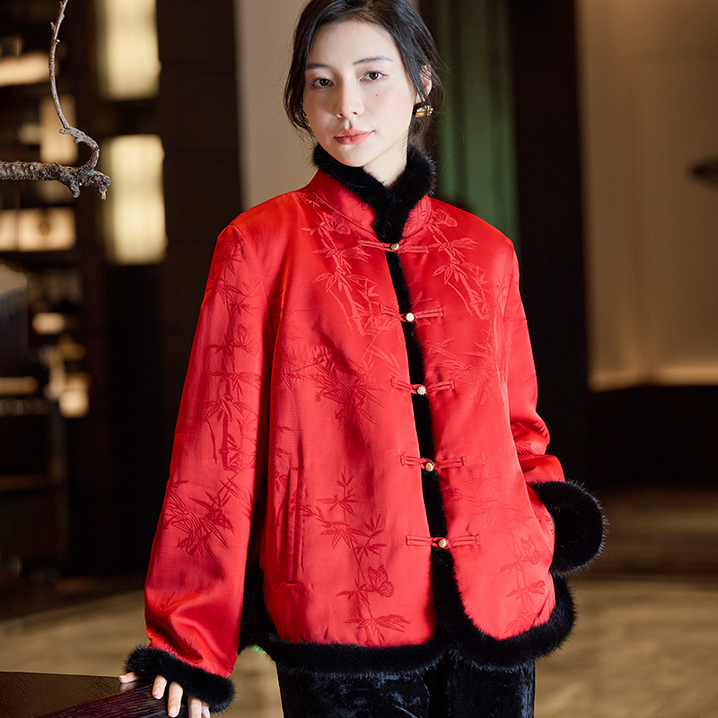 【竹报平安】新中式双面穿皮毛一体外套女2024冬季国风皮草水貂领