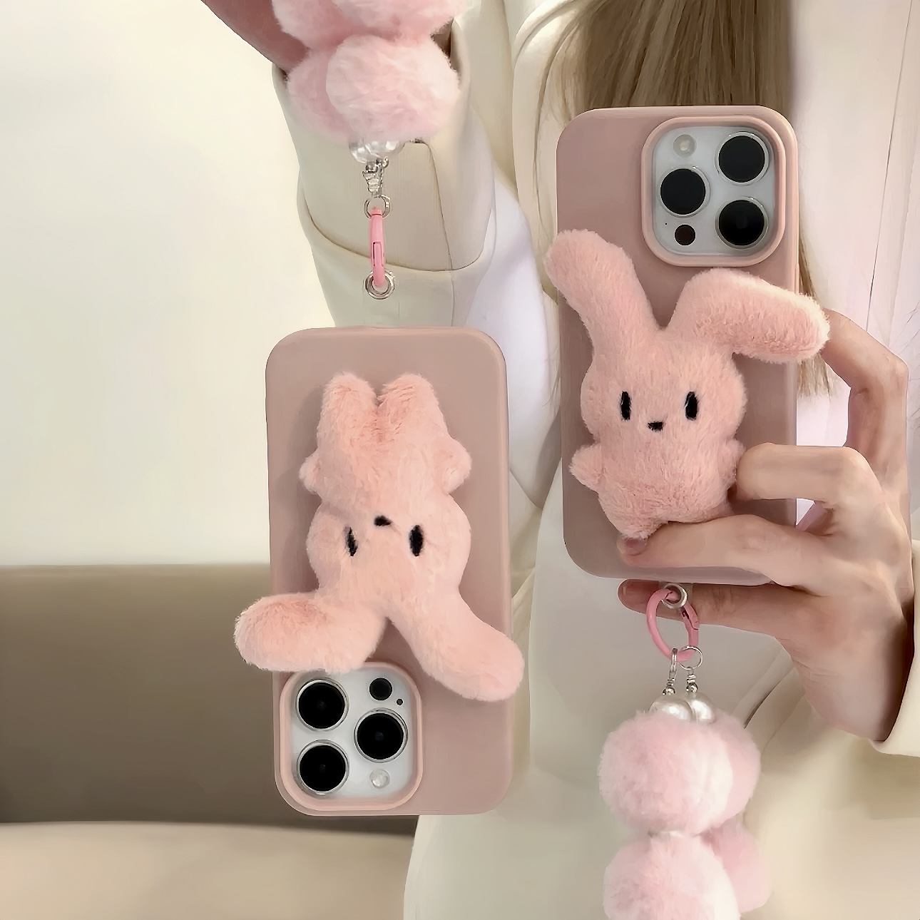 KEWU粉毛绒折耳兔子适用苹果16/15手机壳华为P70vivo挂绳oppo小米