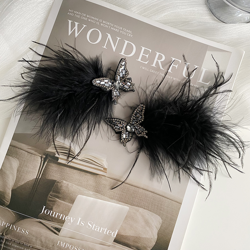 超仙领结羽毛鸭嘴夹精致侧边刘海夹甜美半扎发毛毛发夹一字夹