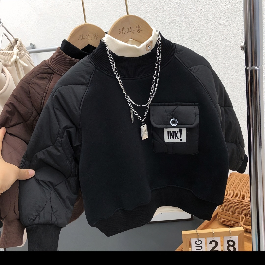男女童加绒加厚冬季卫衣韩版休闲帅气圆领保暖套头半高领百搭上衣