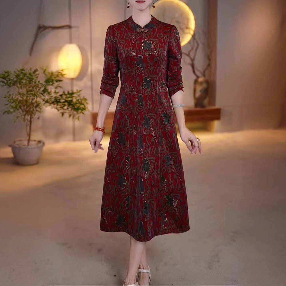 【衣雅严选】8088-983新款时尚幻彩百搭烫金气质改良旗袍连衣裙