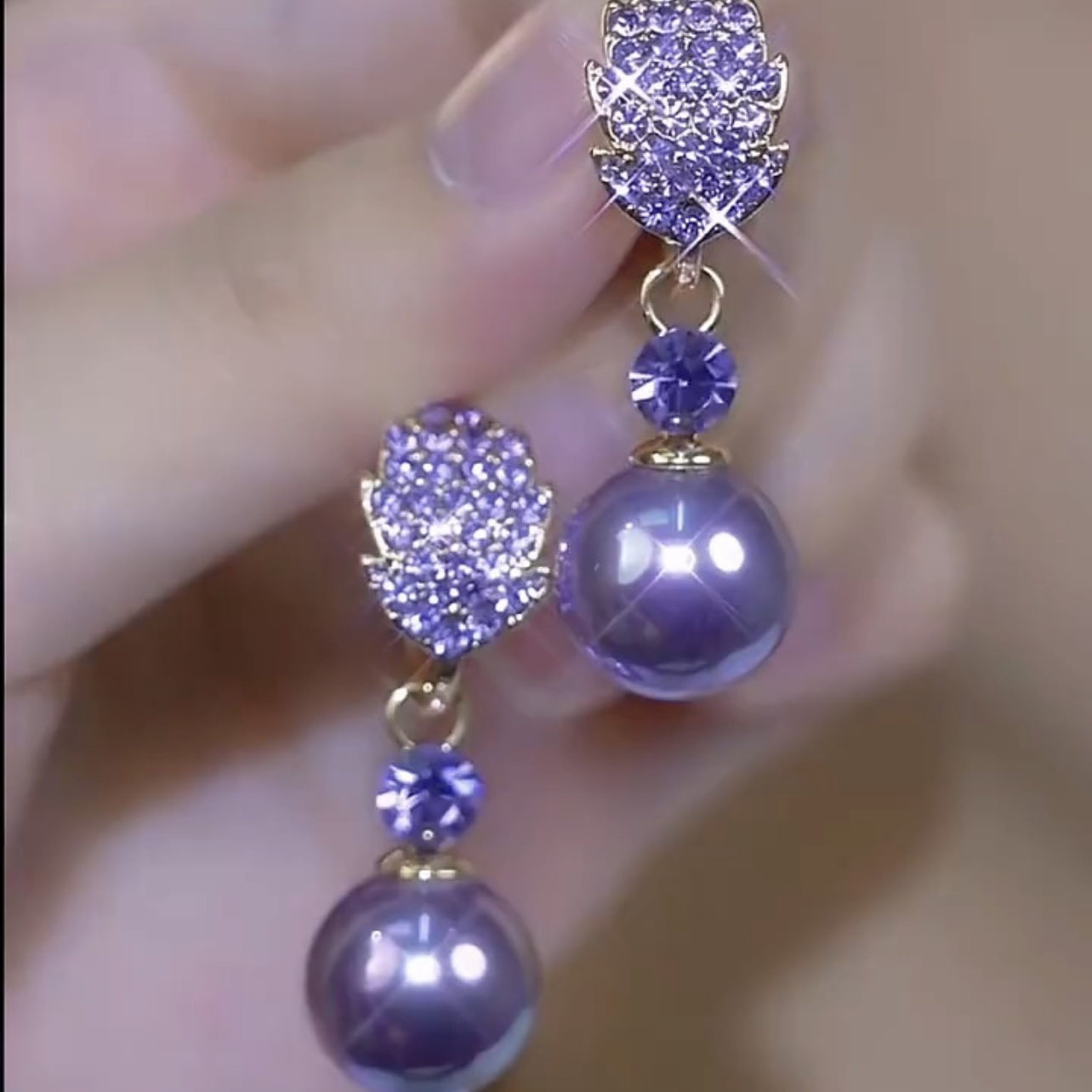 铜合金耳饰 新款轻奢【紫气东来】时尚百搭叶子珠珠耳扣0245紫色