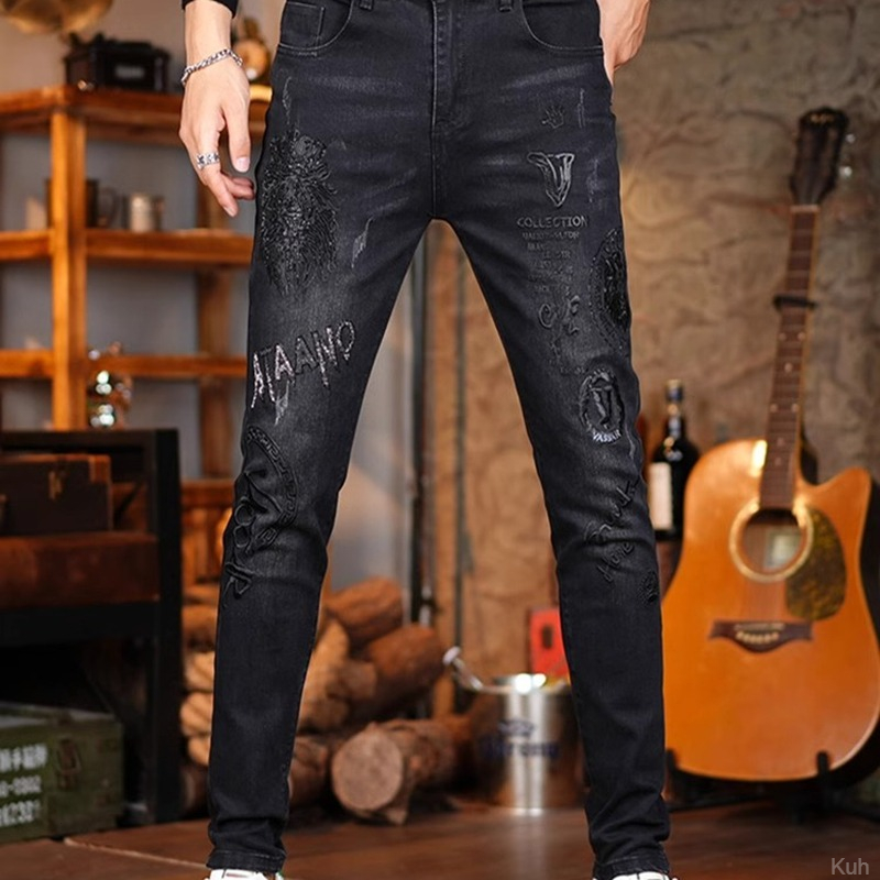 烫钻潮牌修身小脚长裤帅气轻奢印花欧洲站休闲牛仔裤男秋冬重工