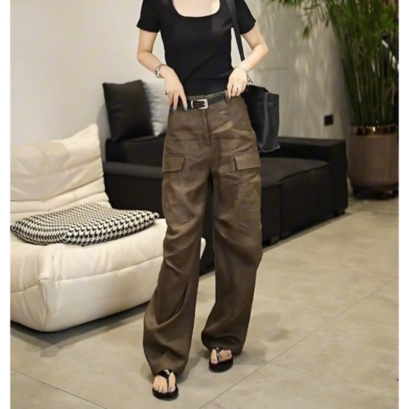 Aimeerosa/艾洛莎高级时尚穿搭拖地长裤休闲裤洋气时髦亚麻阔腿裤