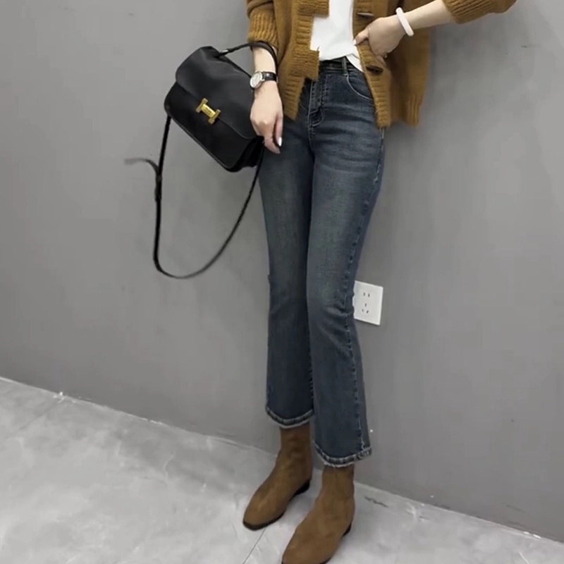 Aimeerosa/艾洛莎大码九分微喇牛仔裤女2024秋冬加绒加厚高腰弹力