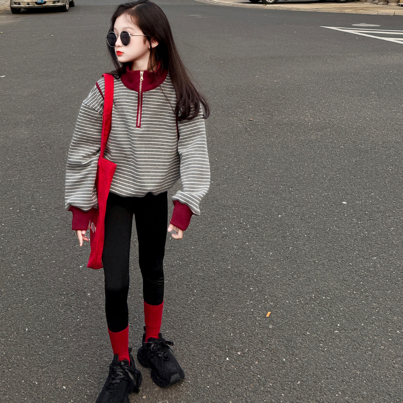 女童洋气洋气打底衫2025春秋新款一体绒休闲条纹上衣时髦中大童潮