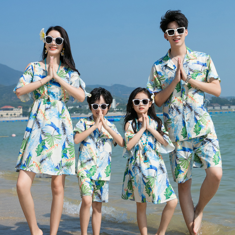 夏季一家三口四口父子衬衫亲子装套装情侣母女沙滩裙三亚旅游