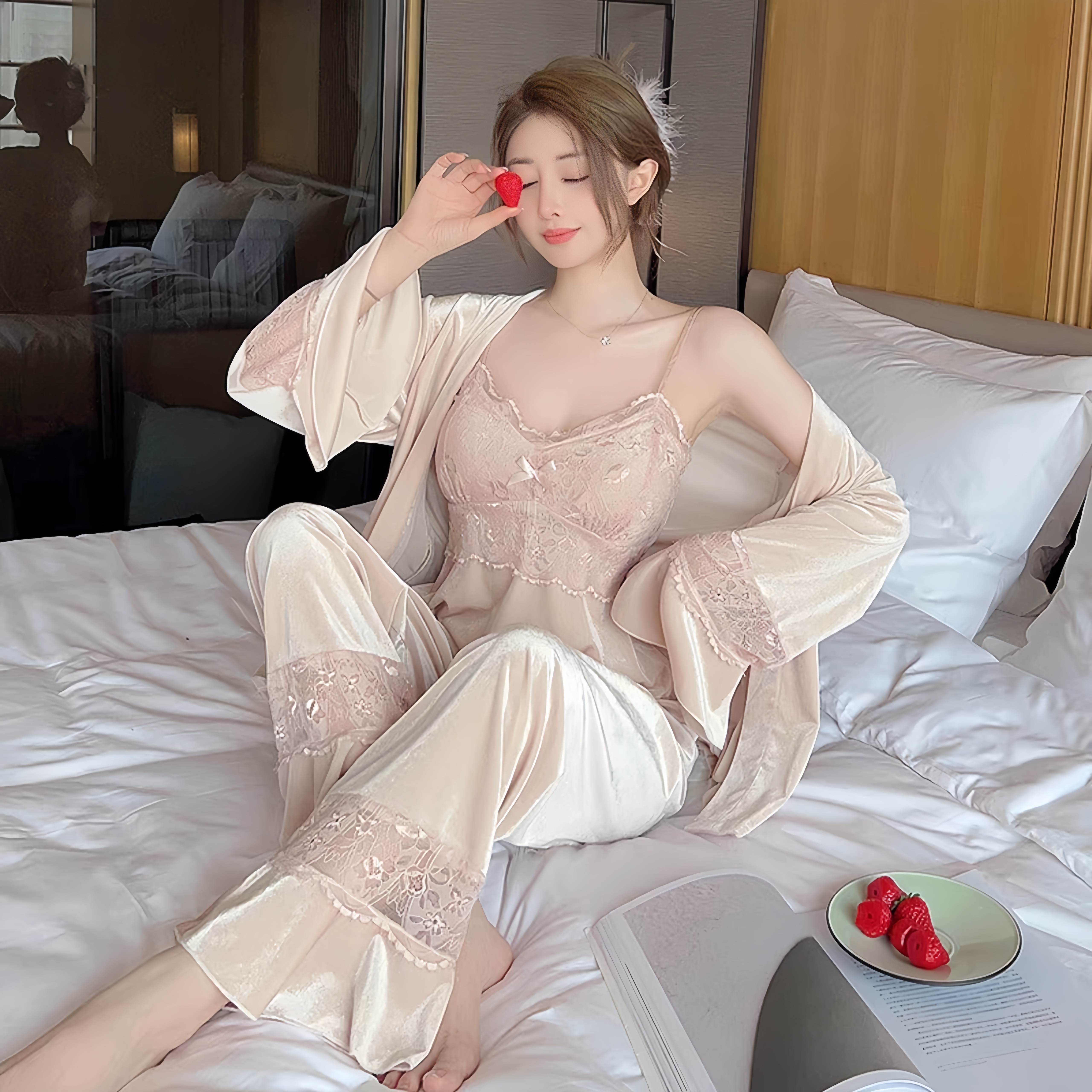 【心如止水】长袖新款睡衣秋冬季金钻绒大码睡衣套装带女家居服