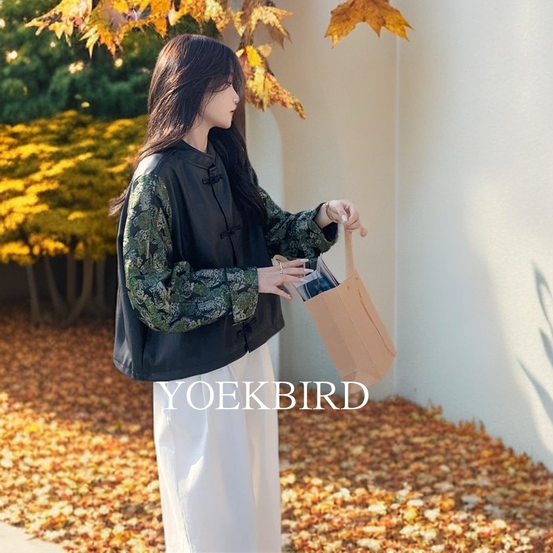 尤柯鸟新中式盘扣pu皮衣外套女春秋2025新款碎花拼接洋气爆