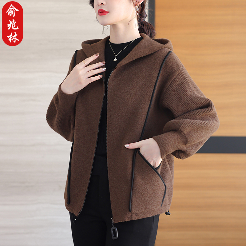 俞兆林中年妈妈春秋双面呢外套洋气质中老年女春装连帽毛呢上衣服