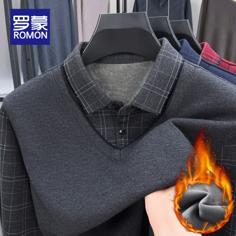 罗蒙秋冬假两件加绒针织衫男商务休闲男士加厚保暖毛衣打底衫男款
