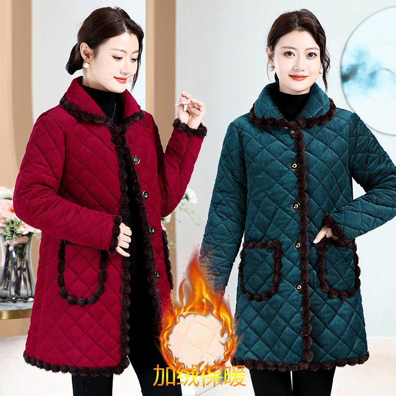 高档灯芯绒棉衣女中长款中老年妈妈冬季棉袄洋气减龄加绒加厚棉服