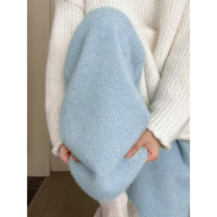 蓝色针织阔腿裤女秋冬2024新款高腰休闲直筒窄版水貂毛加绒糯米裤