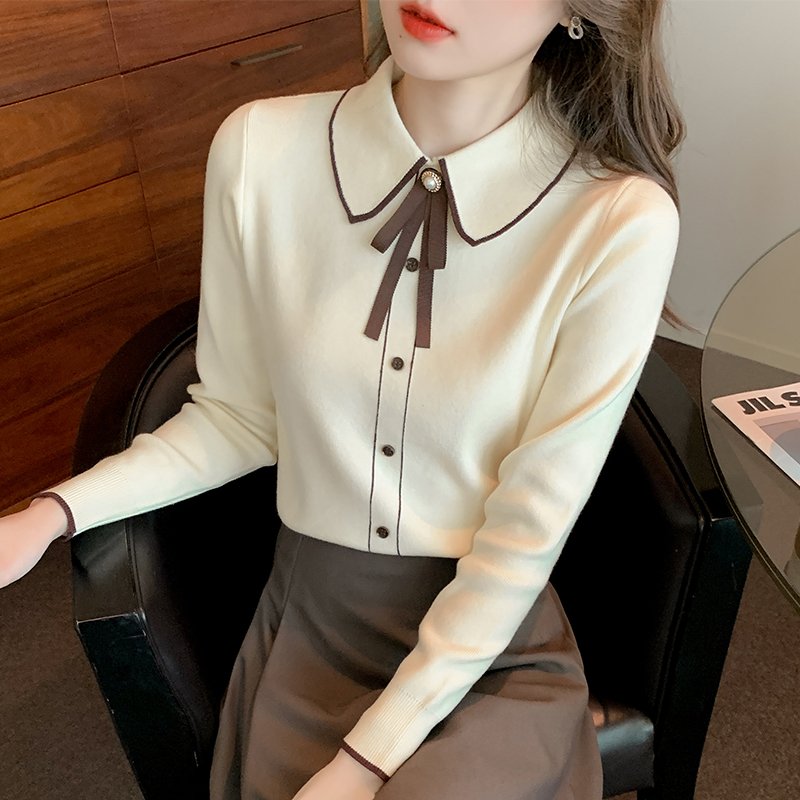 2025春秋新款长袖针织衫娃娃领气质显瘦打底百搭polo领时尚翻领