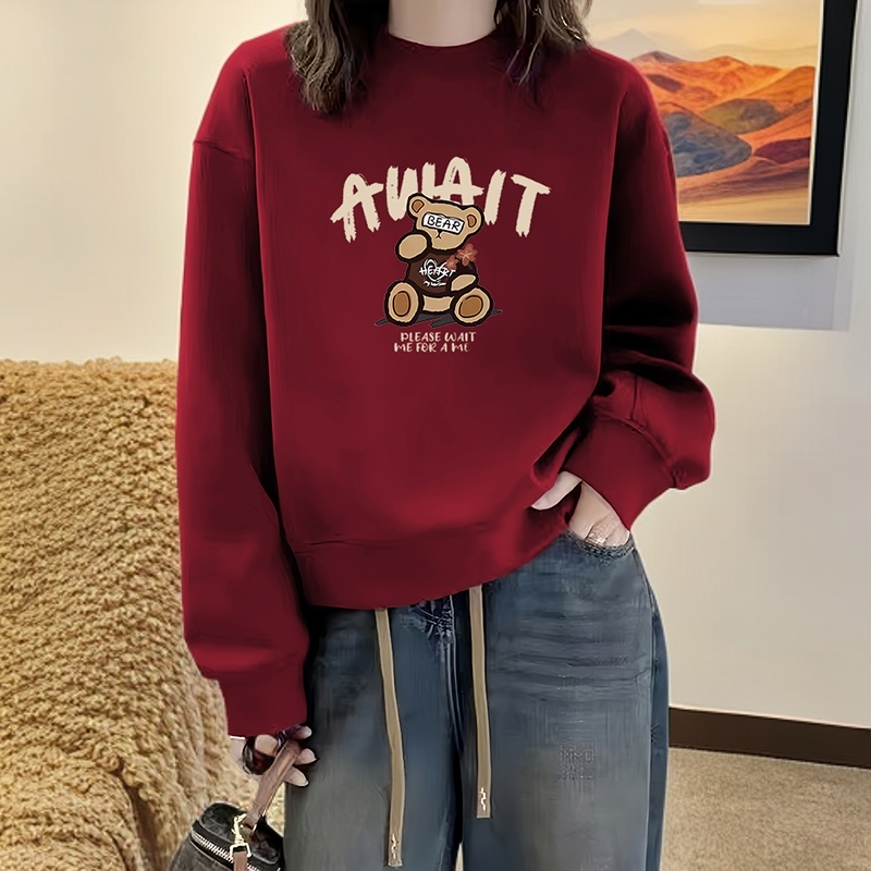 酒红色保暖卫衣女2025新款秋冬加绒韩版卡通小熊宽松百搭圆领上衣