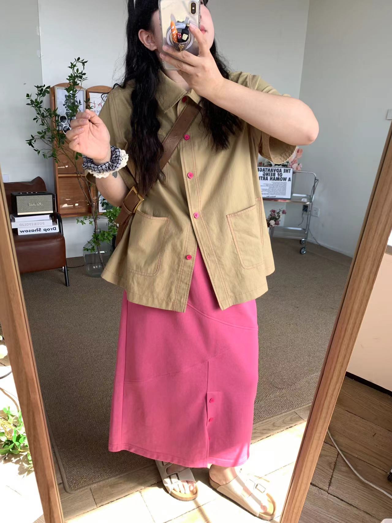 CB36882森系少女春季新款胖m大码女装百搭气质通勤工装衬衫半裙