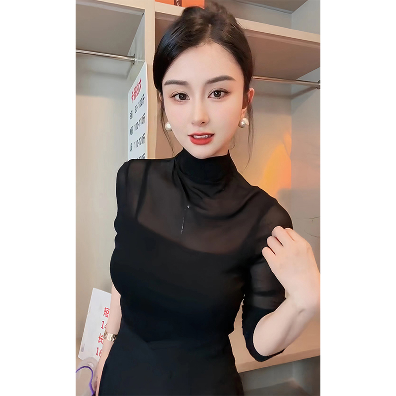 半高领拼纱微透长袖T恤女2025新款爆款秋冬打底衫风情万种的上衣