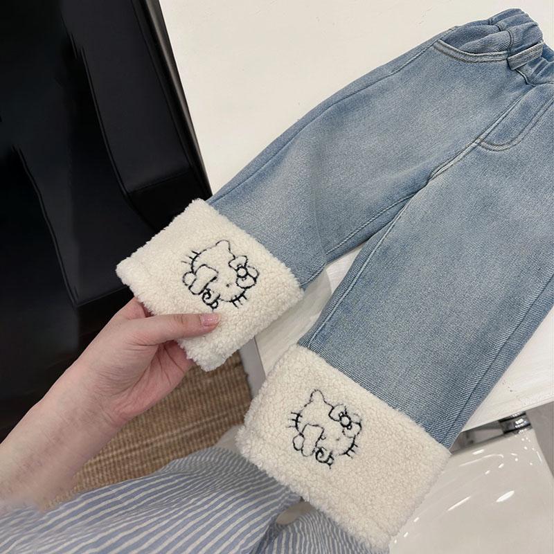 女童加绒牛仔裤2025秋冬中大童可爱猫卡通拼接直筒裤百搭加厚洋气