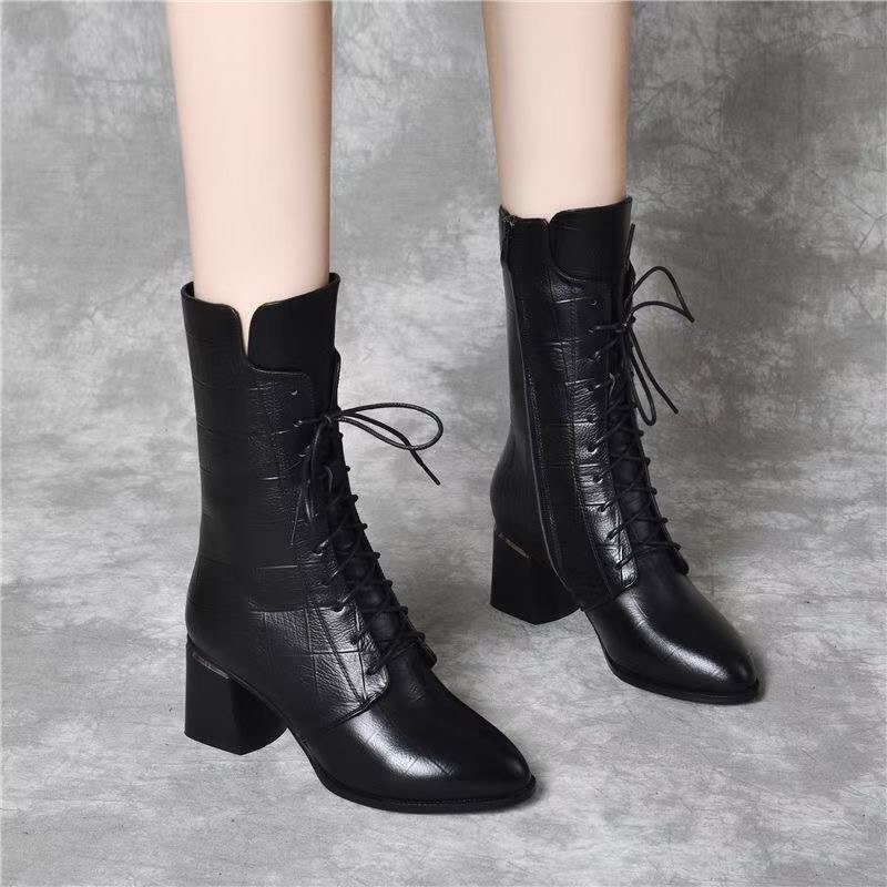 粗跟马丁靴女中跟2025年春秋新款单靴皮靴子秋冬短靴中筒真皮女靴