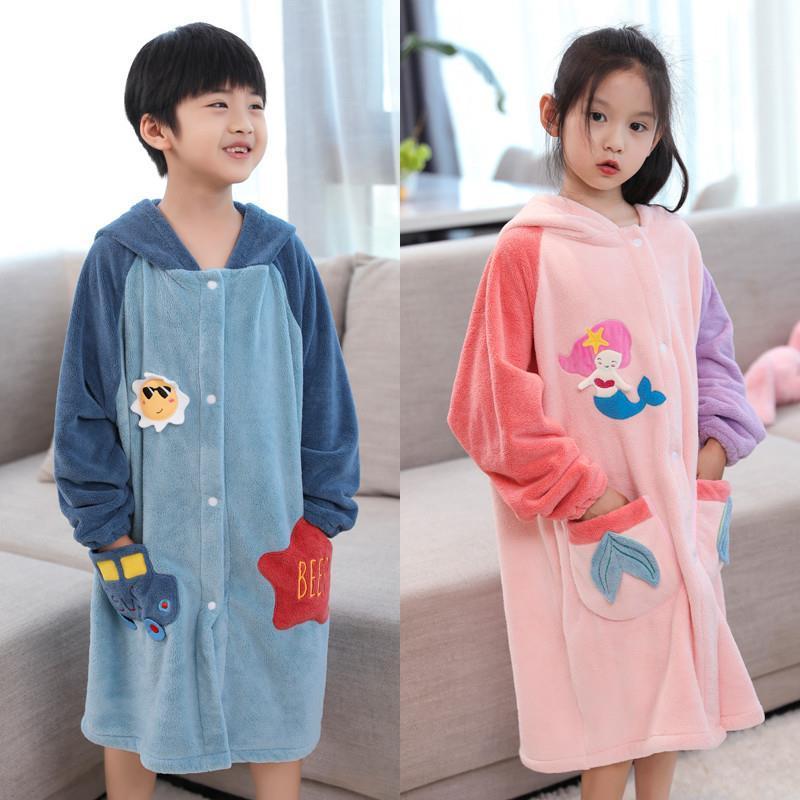 好贝尼儿童浴巾秋冬加厚男女小孩中大童洗澡吸水可爱带帽带袖浴袍
